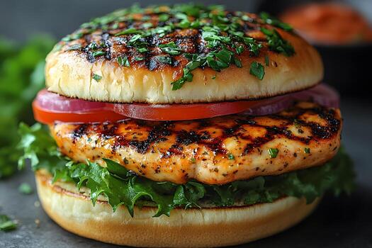 Grilled no-condiment chicken burger with herbed bun, tomato, onion, and lettuce